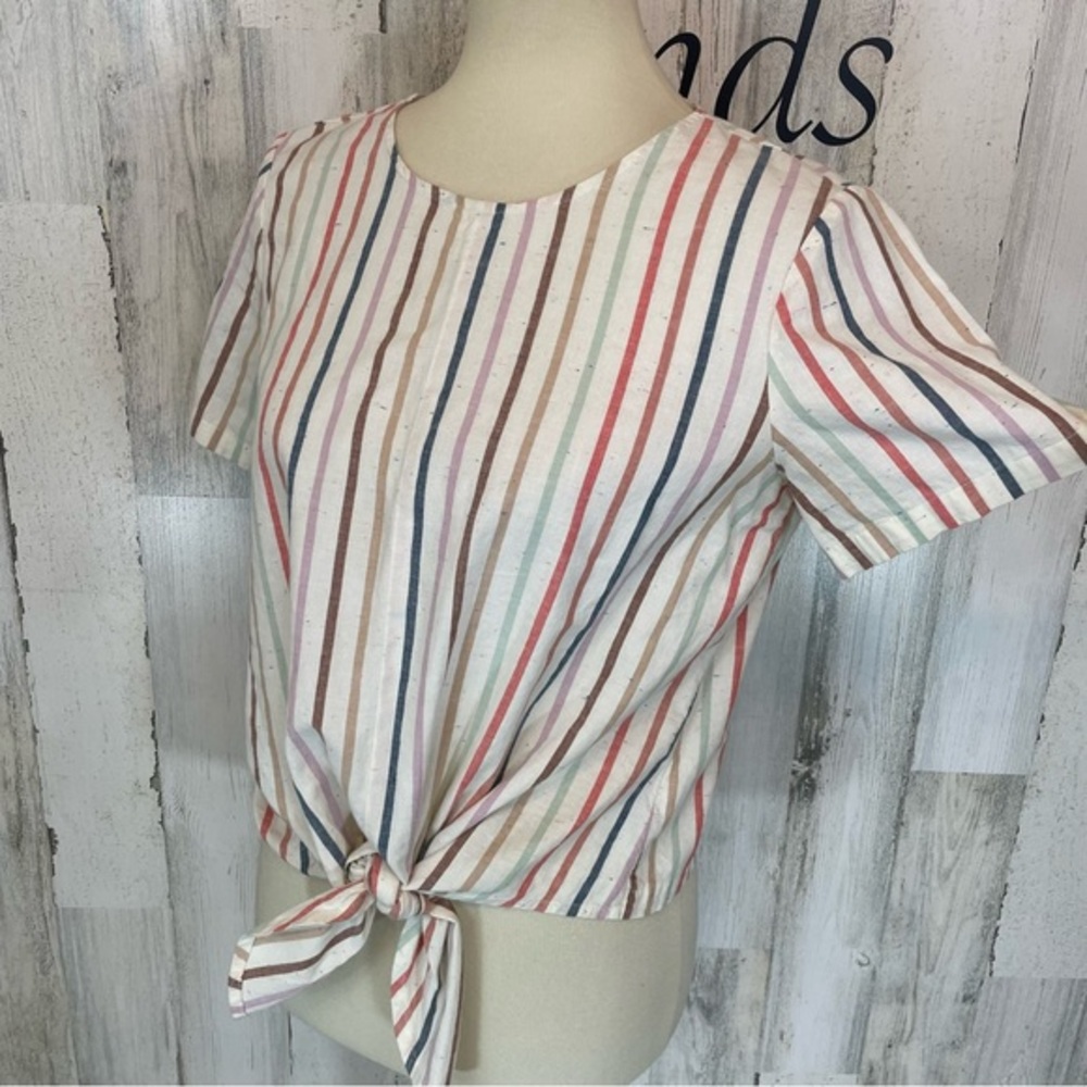 Madewell Button Back Tie Tee In Rainbow Stripes Short Sleeve Shirt Too Blouse S